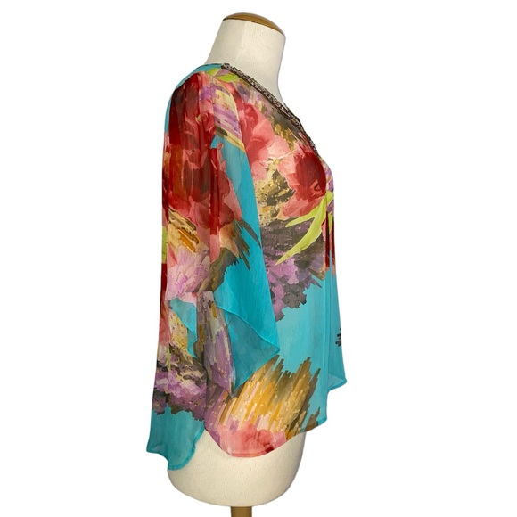 Mushka Sienna Rose XL Floral Sheer Top Elbow Length Sleeves Sequin Neckline NWT - Picture 8 of 12